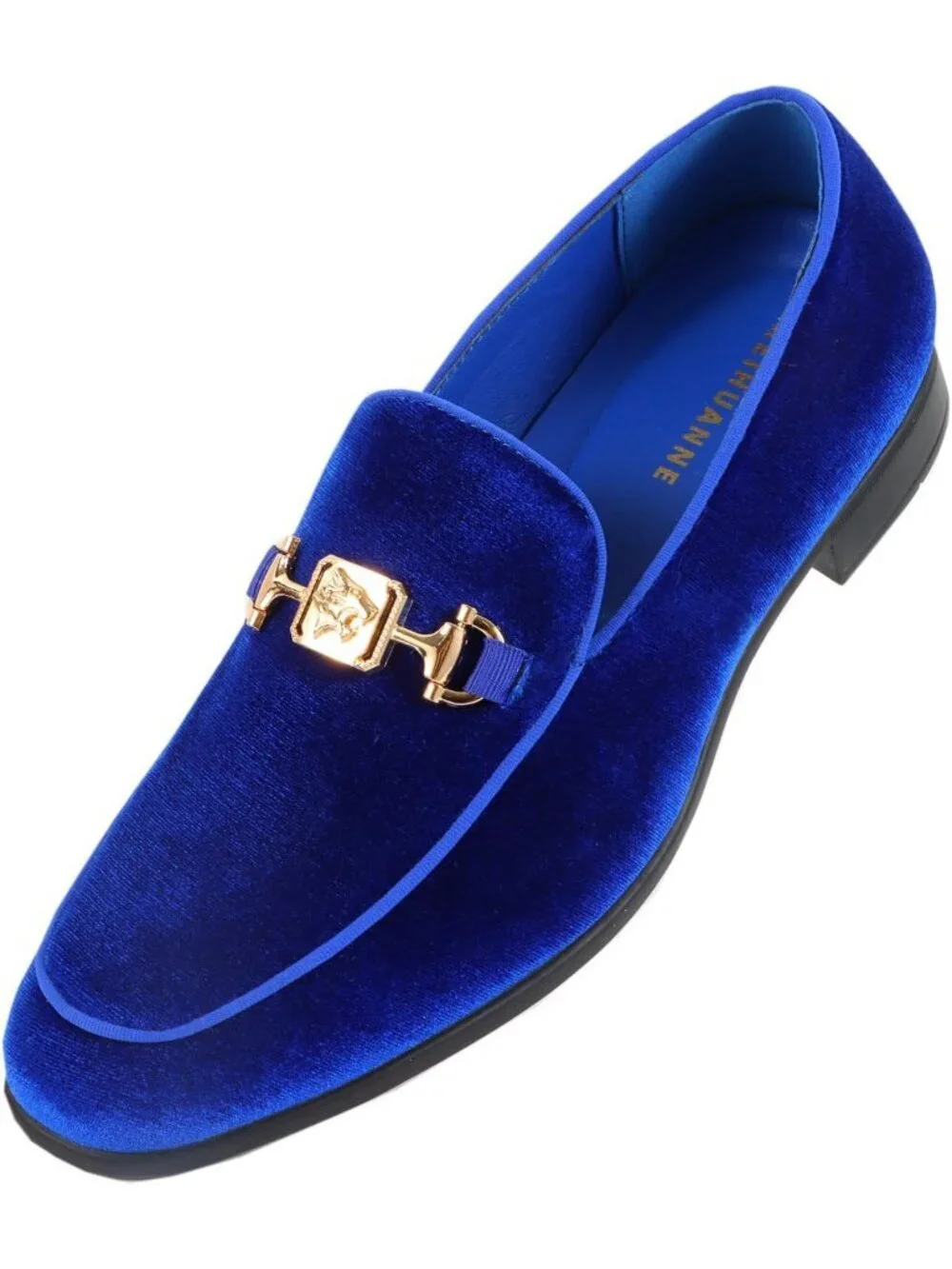 REIHUANNE Men Royal Blue Velvet Loafer Metal Buckle Slip On Luxury Smoking Shoes